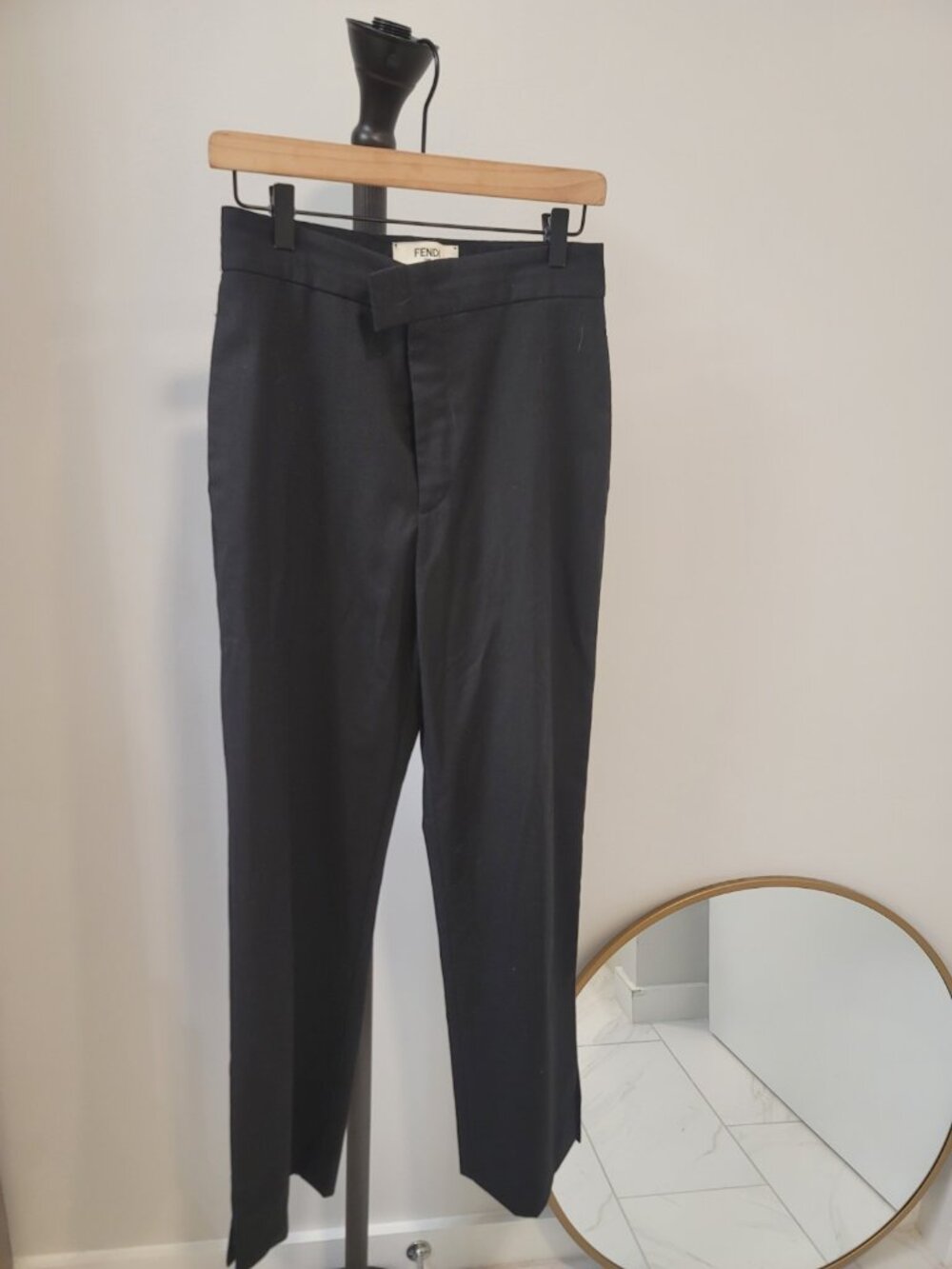 FENDI Wool Blend Tailored Wide Leg Pants Black High Rise IT42